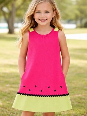 Hartstrings Watermelon Dress Pink Green Black Trim Girls Size 10 Classic Preppy